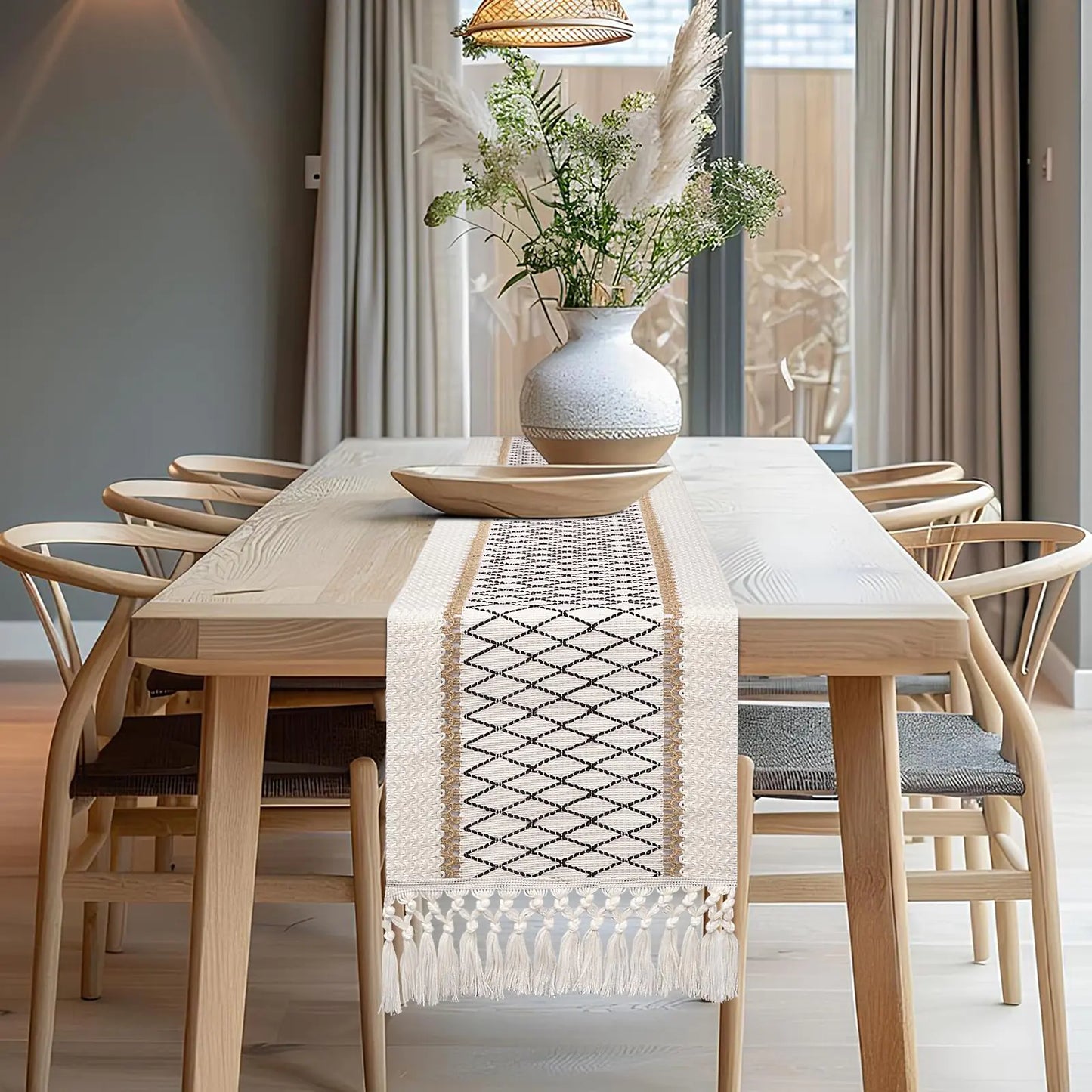 Boho Woven Table Runner with Tassels 108”