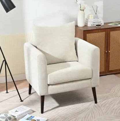 Beige Upholstered Accent Chair with Solid Wood Legs and Lumbar Pillow