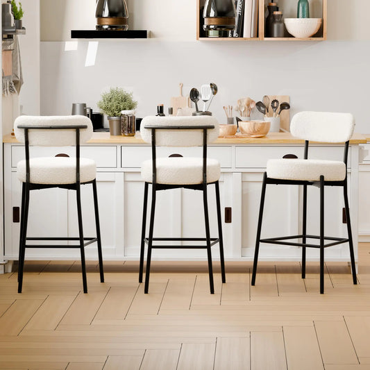 3 White 27" Boucle Counter Stools with Footrest