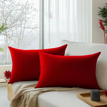 2 Red Velvet Lumbar Throw Pillow Covers 12x20"