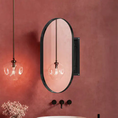 20x34” Matte Black Oval Bathroom Wall Cabinet with Mirror