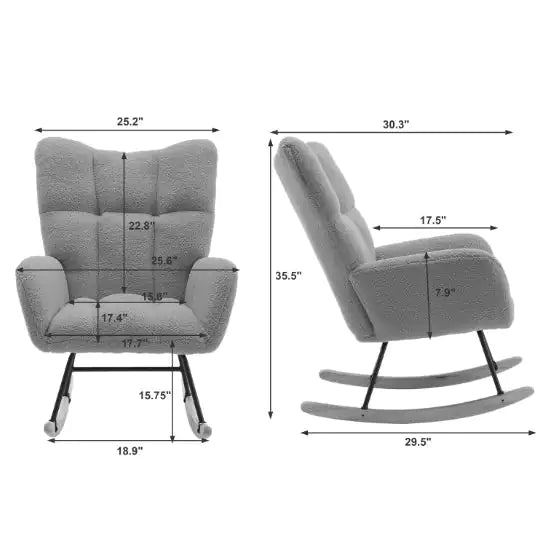 Rocking Chair With Pockets, Soft Teddy Fabric Rocking Chair For Nursery, Comfortable Wingback Golider Rocking Chair