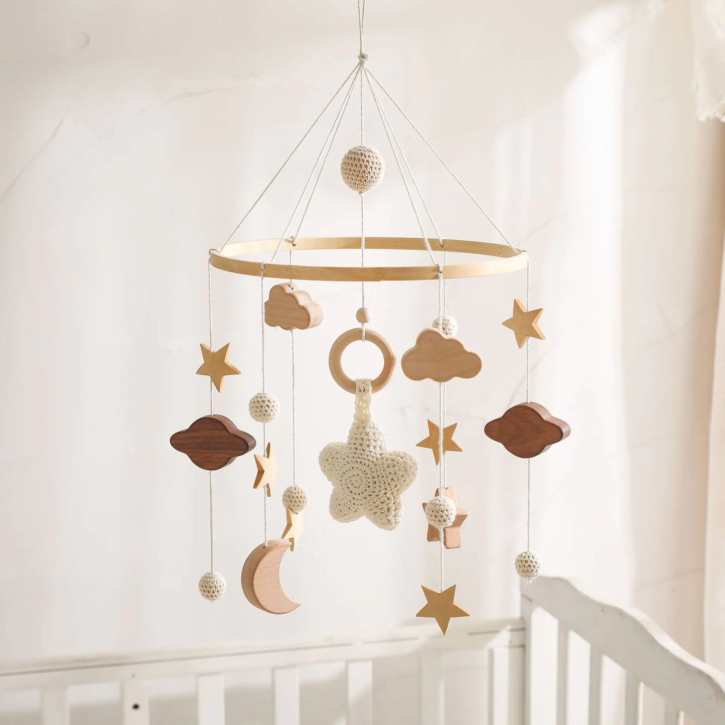 Wooden Star Moon Cloud Cot Charm Mobile