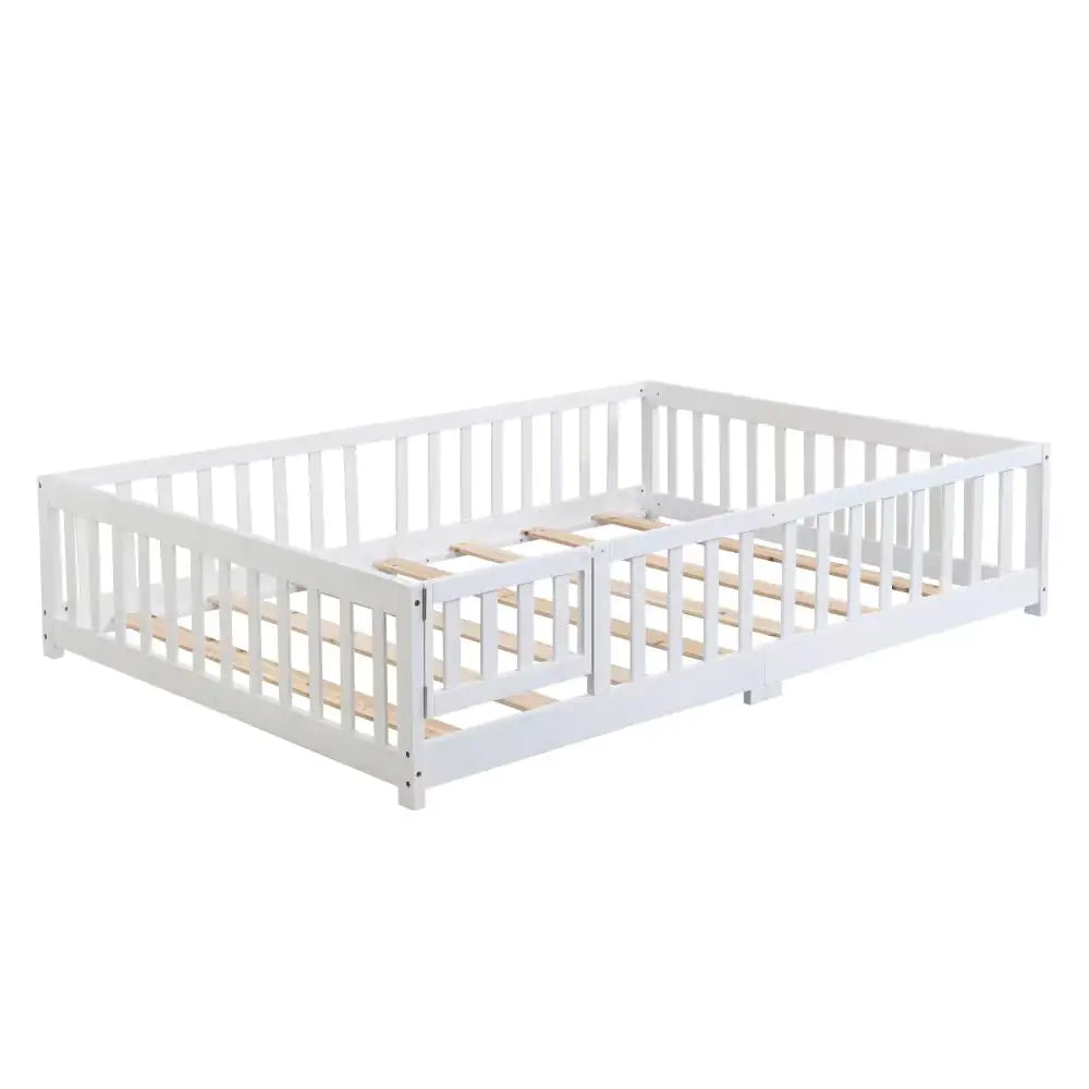 White Montessori Bed, Kids Floor Bed with Fence and Door