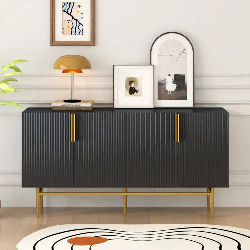Modern 4-Door Black Sideboard with Gold Handles