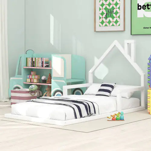 Twin Floor Bed with Wooden House Headboard