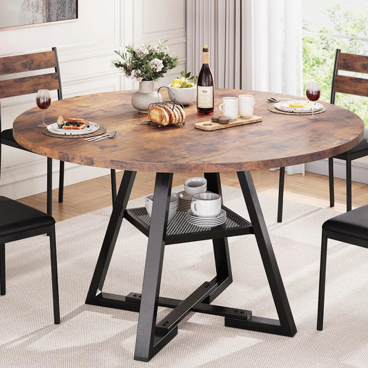 Rustic Round Dining Table with Storage Shelf 47”