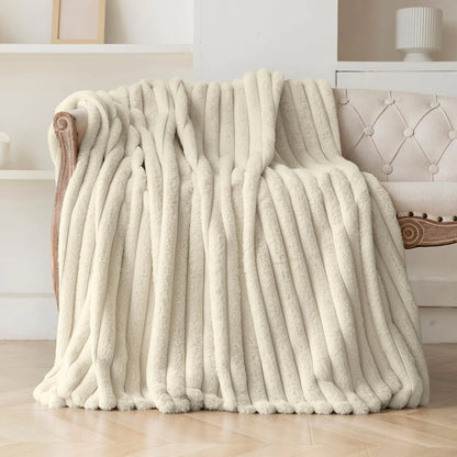 Beige Faux Fur Striped Throw Blanket 60"x80"