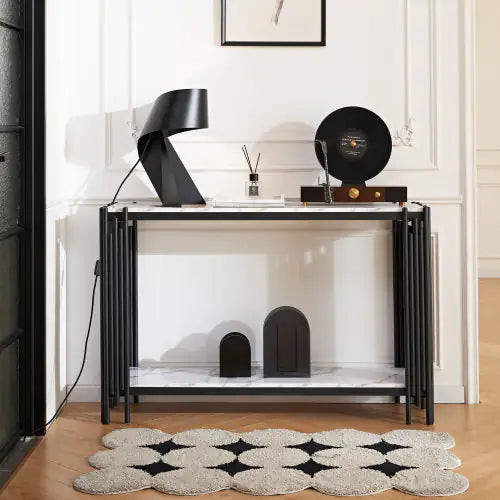 Black MDF 2-Tier Faux Marble Console Table