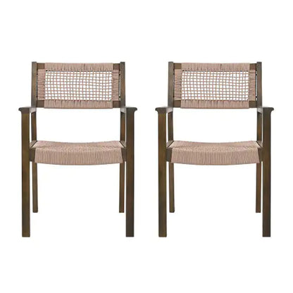 Set of 2 Woven Rope Outdoor Dining Chairs – Acacia Wood Patio Chairs