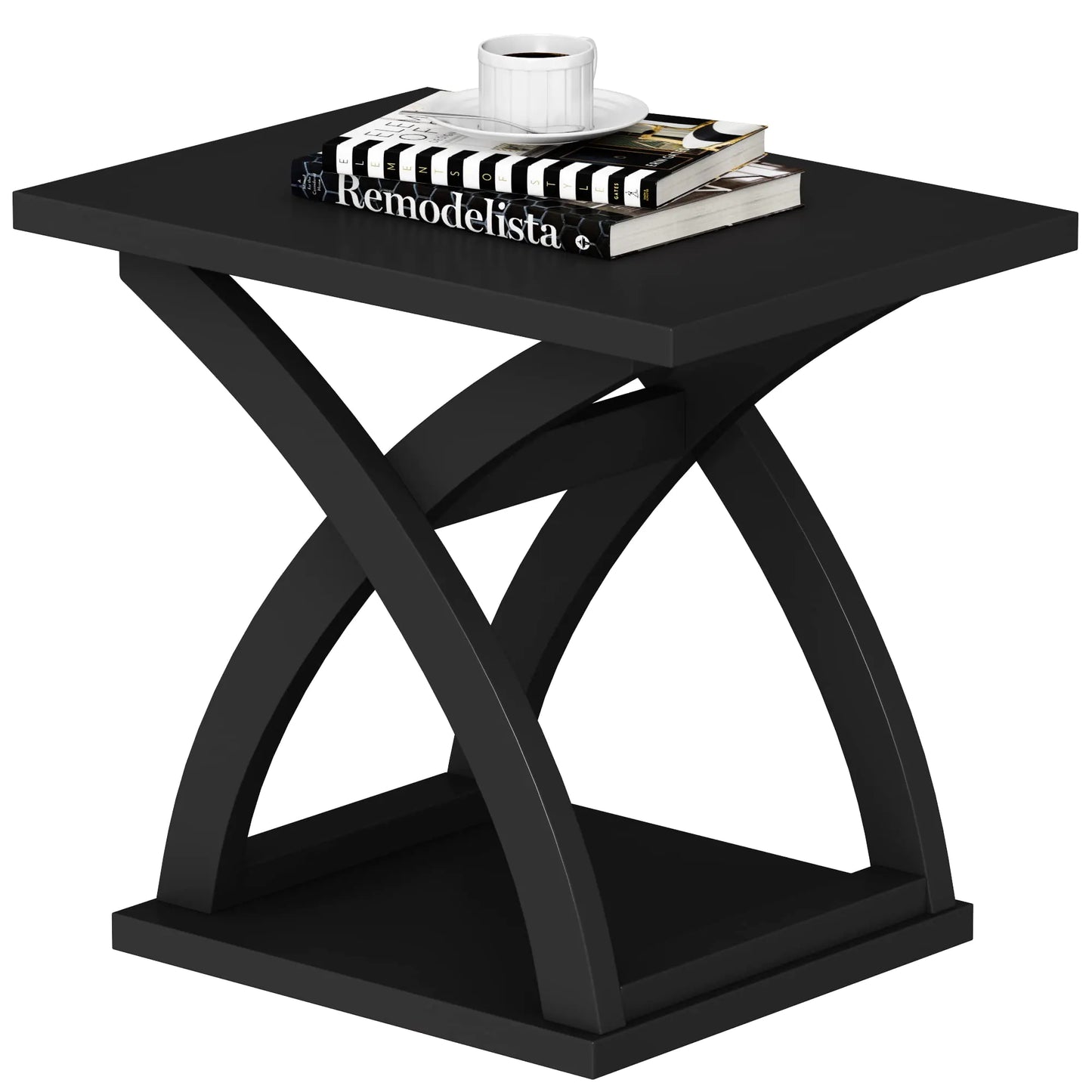 Modern Black X-Design End Table with Shelf