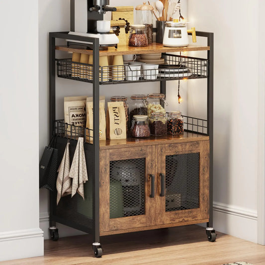 Rustic Coffee Bar Cabinet with Storage & Wheels