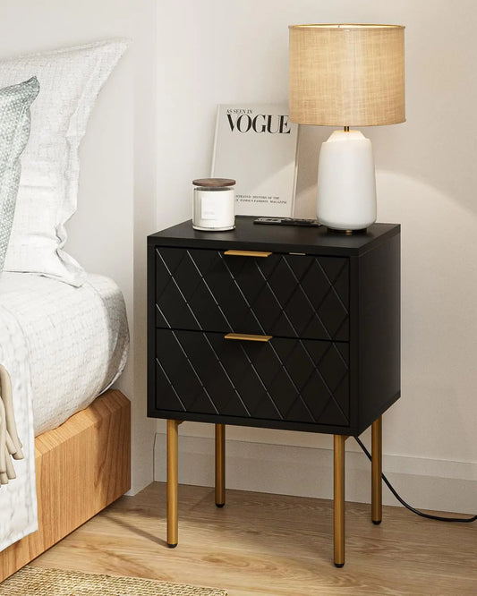 2-Drawer Black Nightstand with Gold Frame