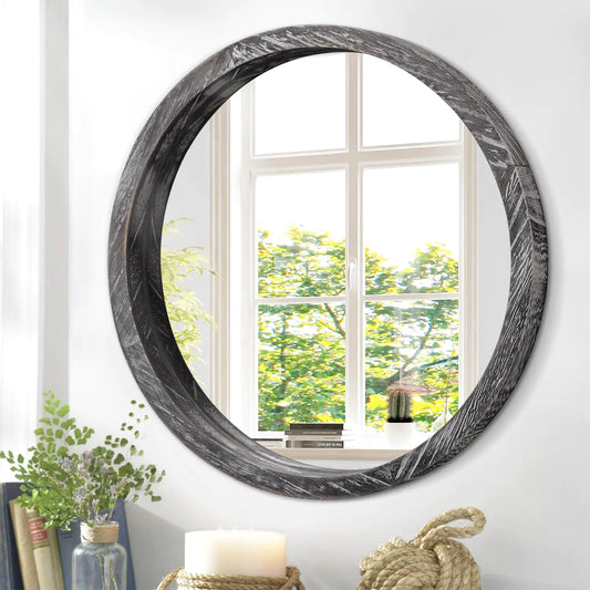 Rustic Wood Circular Wall Mirror 12-Inch
