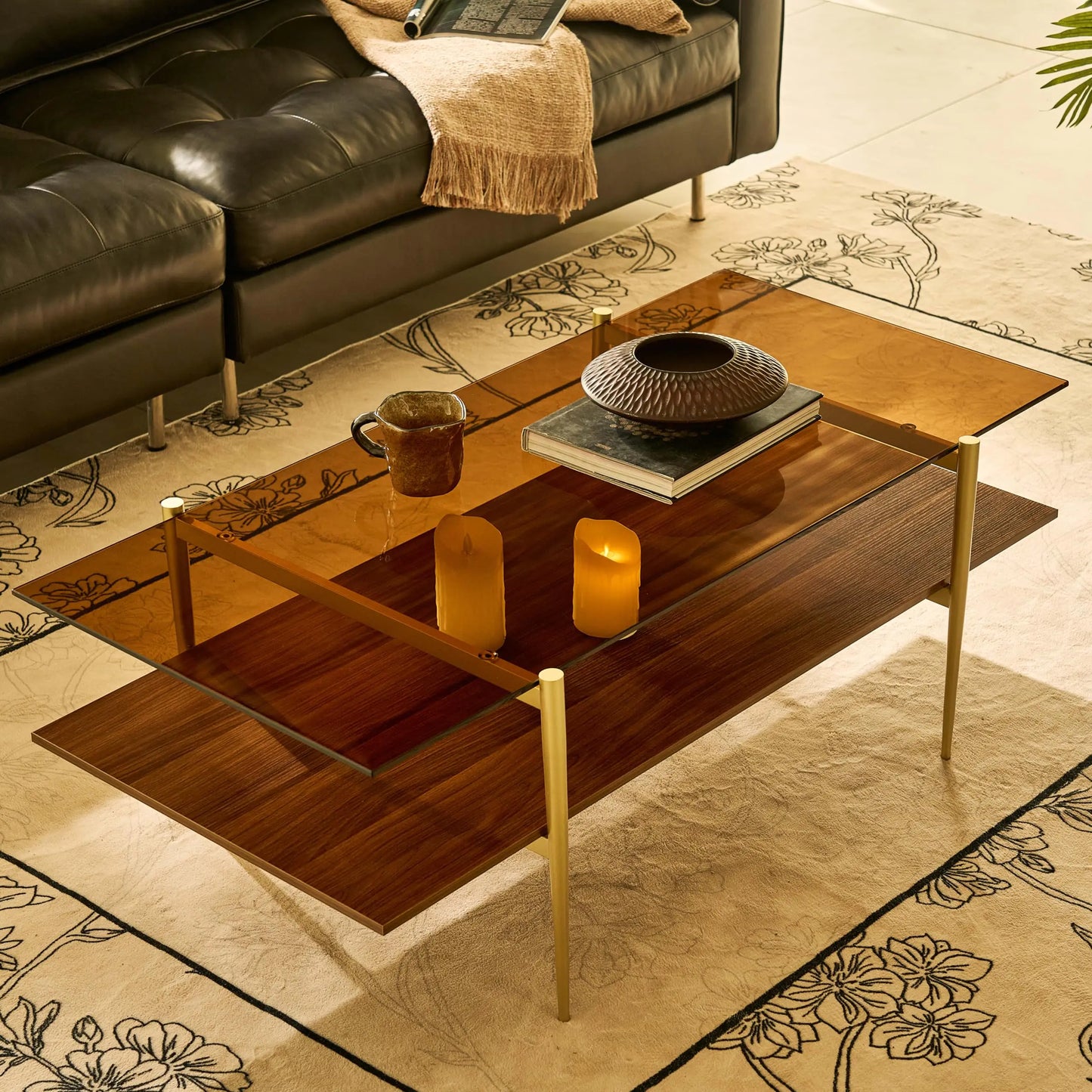 Walnut Glass Double Layer Coffee Table