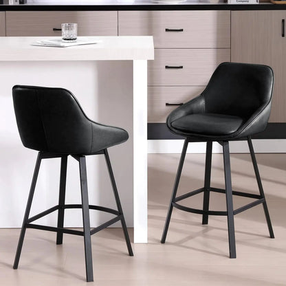 Set of 2 Black Faux Leather Counter Stools - Swivel Counter Stools