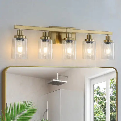 Gold Vanity Wall Light, Clear Glass Shades, Modern Bathroom Fixture