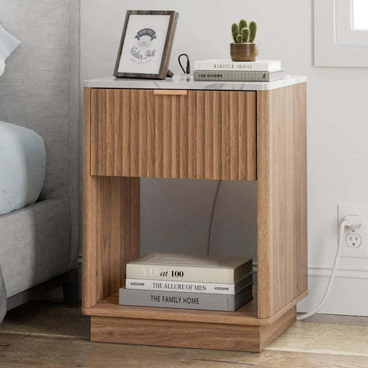 Walnut Fluted 18" Nightstand with Drawer & Charging