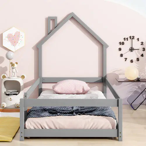 Twin Size Kids House Bed, Grey Wood Floor Bed for Kids Bedroom