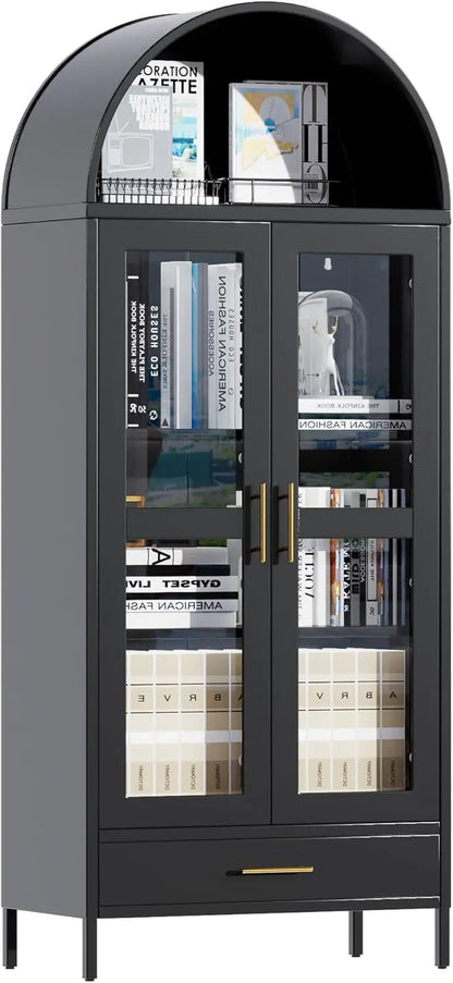 73” Tall Arched Display Cabinet, Modern Glass Door Bookcase