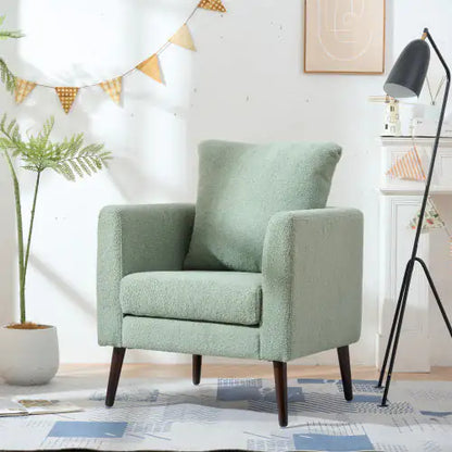 Green Teddy Fabric Armchair, Modern Accent Chair with Lumbar Pillow
