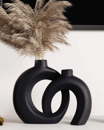 Matte Black Ceramic Donut Vase Set – 2 pcs