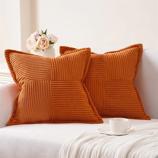 Topfinel Fall Broadside Throw Pillow Cover with Splicing 18x18 Set of 2 Super Soft Corduroy Couch Pillow Covers Decorative Textured Corduroy Throw Pillows for Couch Bed(18 x 18 inch/Burnt Orange)