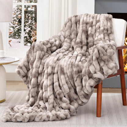 Tie Dye Coffee Ruched Faux Rabbit Fur Blanket 50x60"