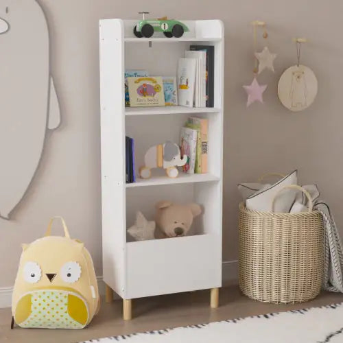 4 Tier Kids Bookcase and Toy Organizer, White Kids Bookshelf