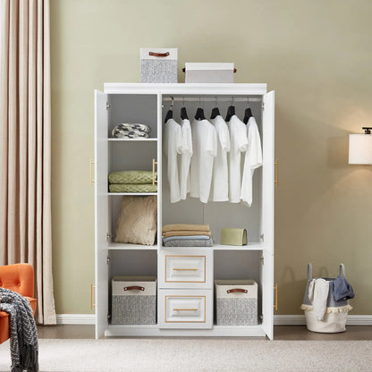 74" White Wardrobe Closet with Drawers for Clothes Storage