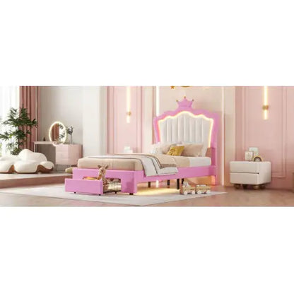 Pink Bed for Girls Bedroom with LED Headboard - Twin Bed Frame