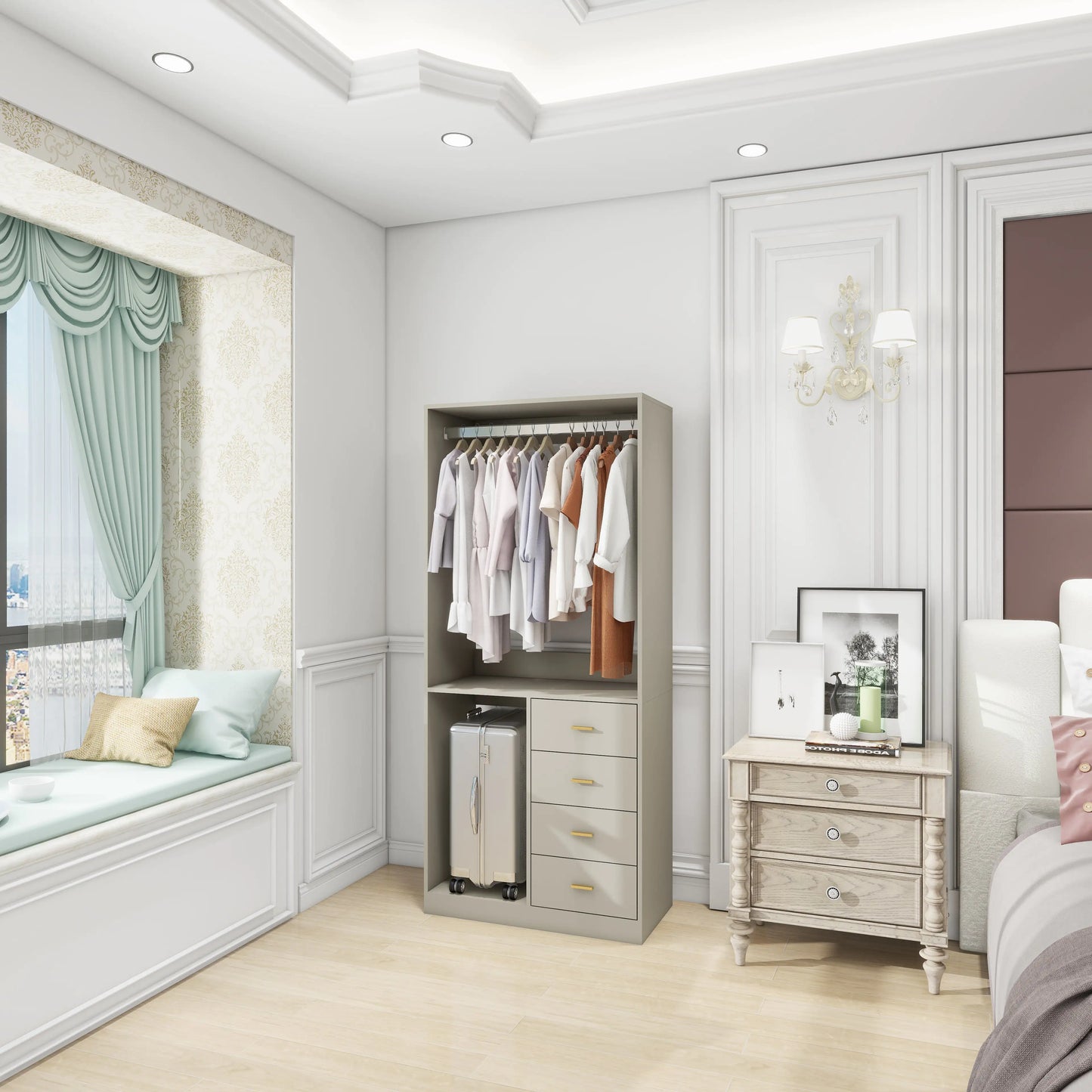 Grey Bedroom Wardrobe with 4 Drawers, Shelves and Hanging Rod