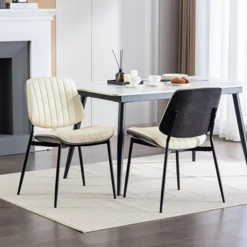 Set of 2 Beige Faux Leather Mid-Century Dining Chairs