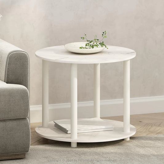 Compact 2-Tier Round Marble White Side Table