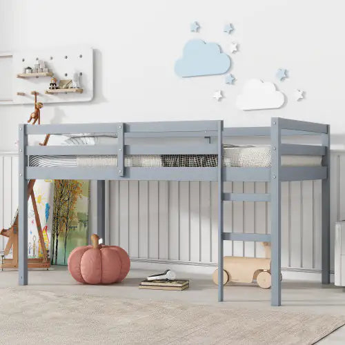 Rubber Wood Twin Loft Bed with Ladder, Grey Kids Platform Bed