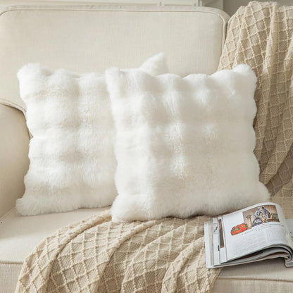 Cream Wool Plush Throw Pillow Covers Set 16x16"