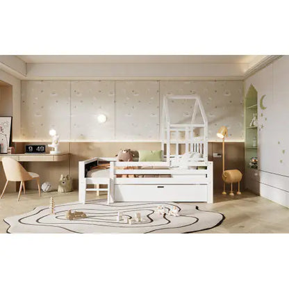 White House Bed for Kids Bedroom Kids Bed with Trundle & Ladder