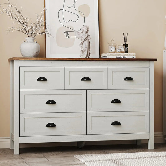 Wide White Farmhouse Dresser with 7 Drawers