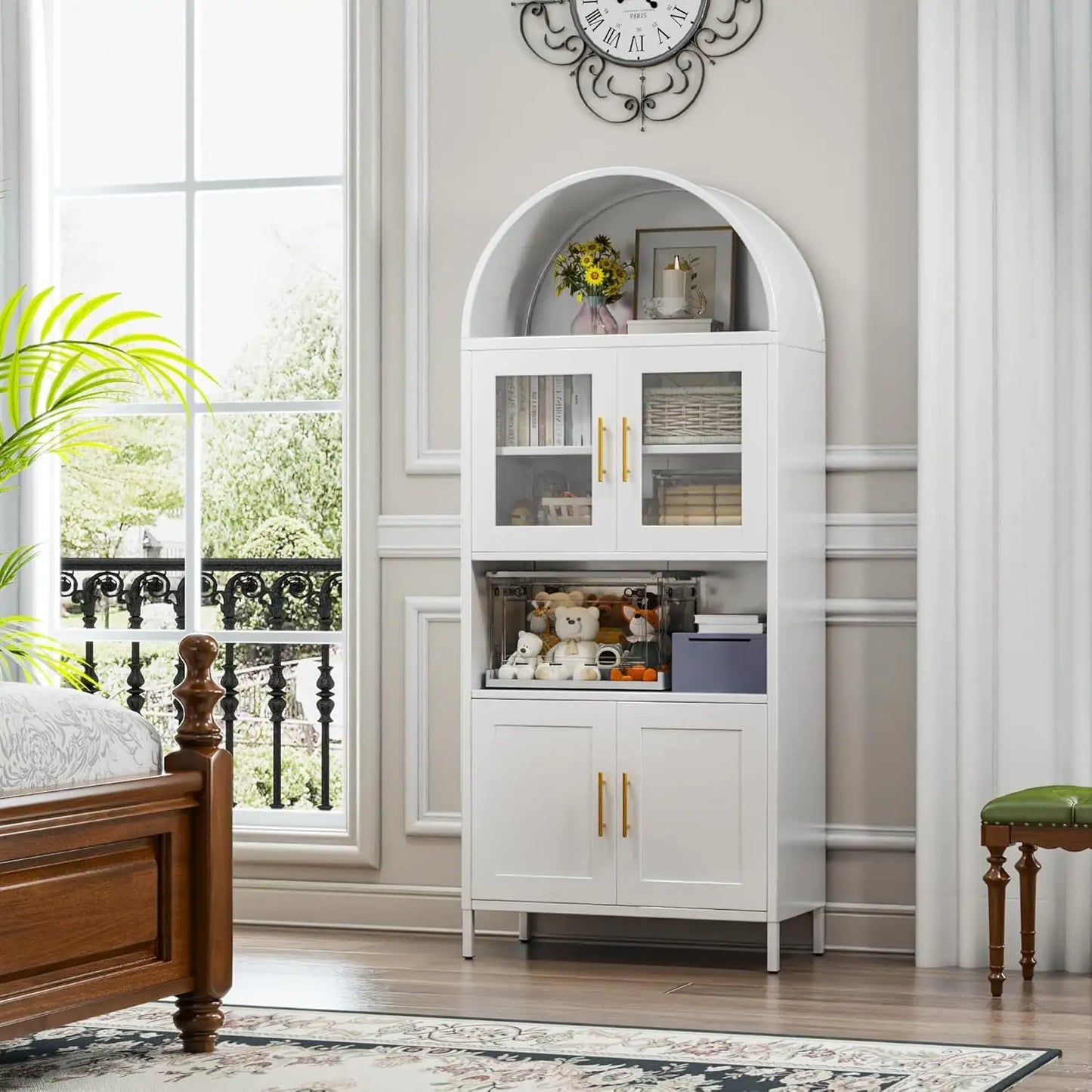 Tall White Arched Metal Display Cabinet, Glass Door Bookcase