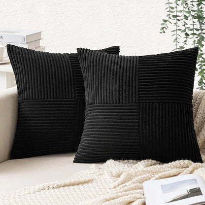2 Black Corduroy Patchwork Boho 18x18" Pillow Covers