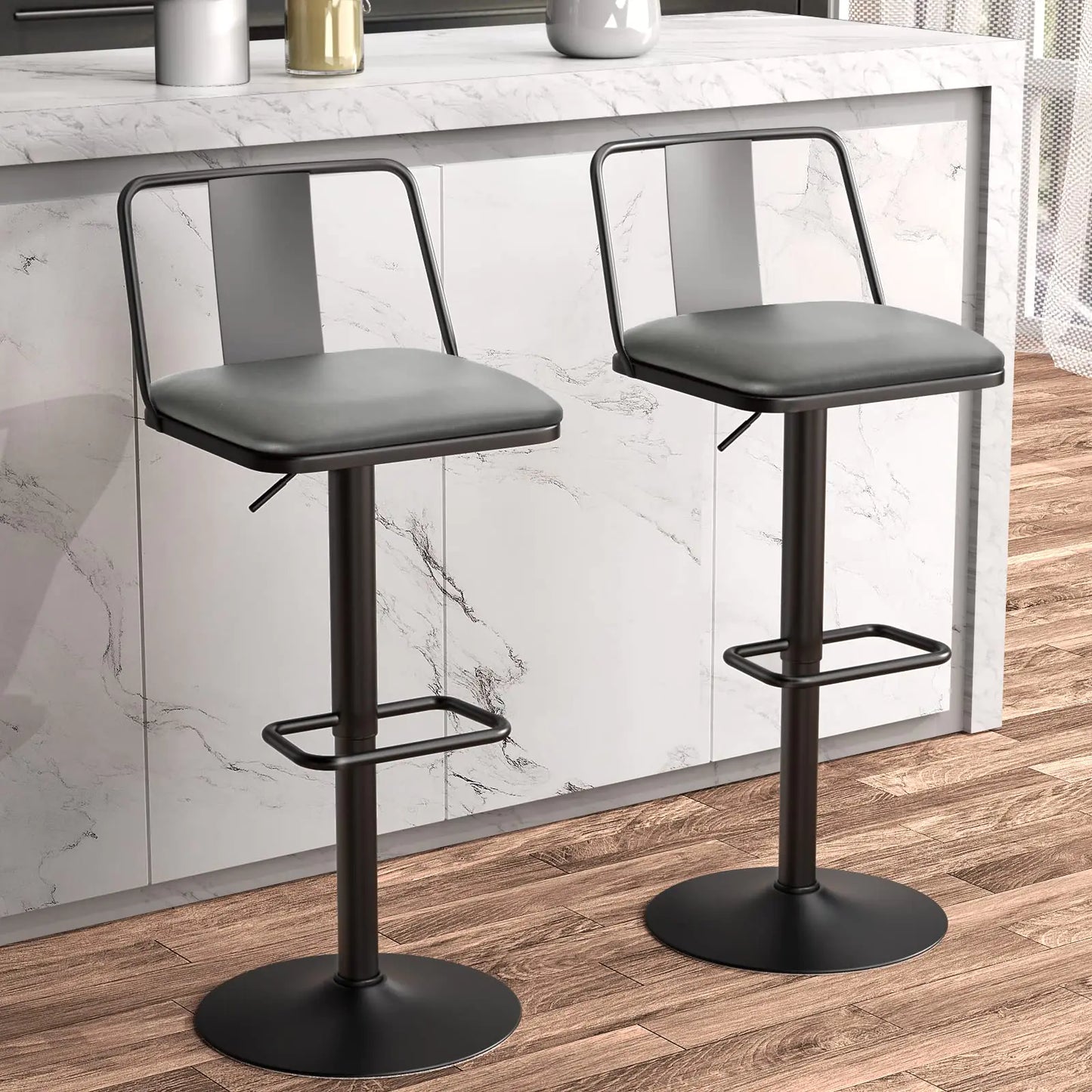 Set of 2 Grey Upholstered Retro Bar Stools