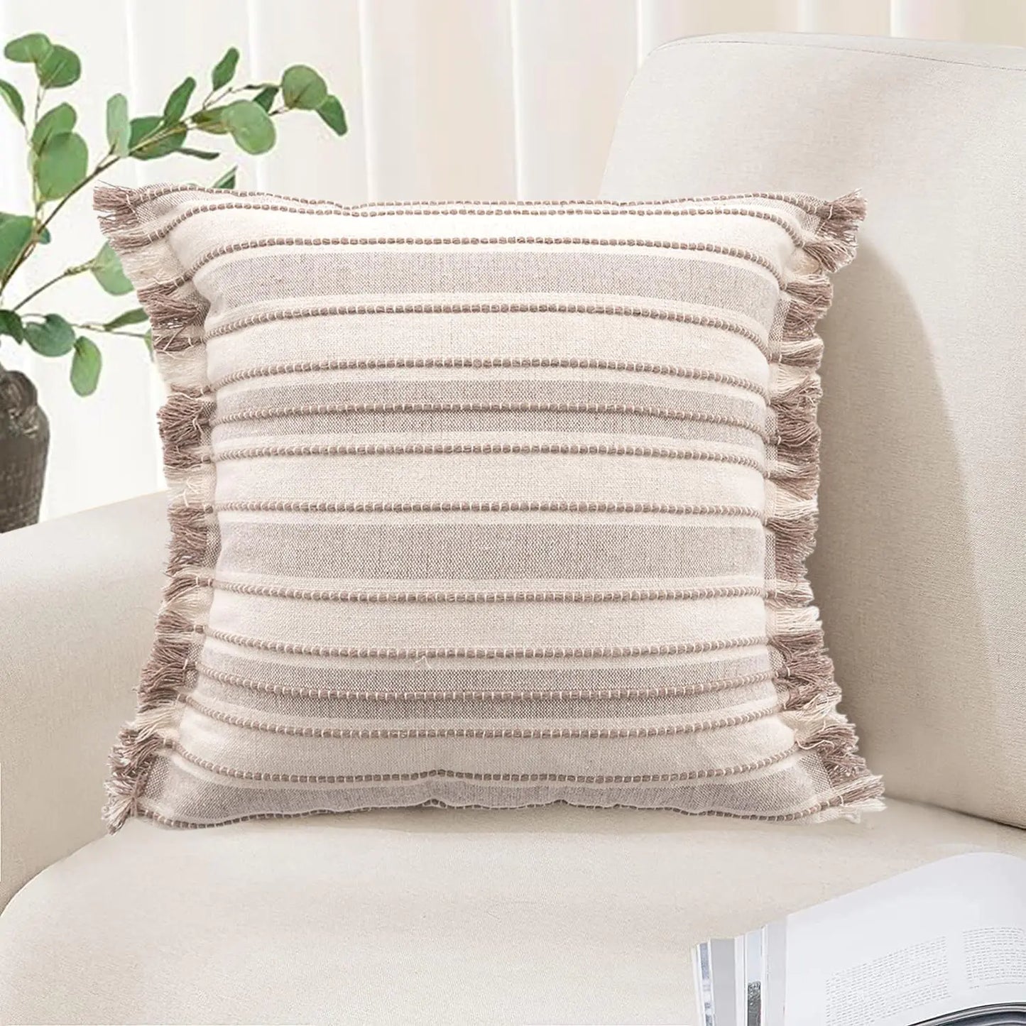 Beige and Brown Boho Pillow Cover with Fringe 18"x18"