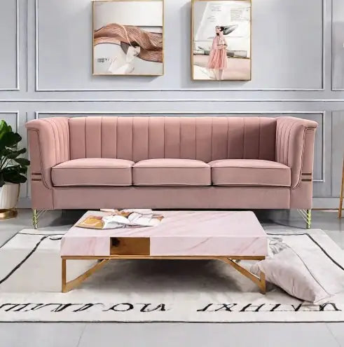 Velvet Sofa - Modern Upholstered Pink Sofa with Gold Legs