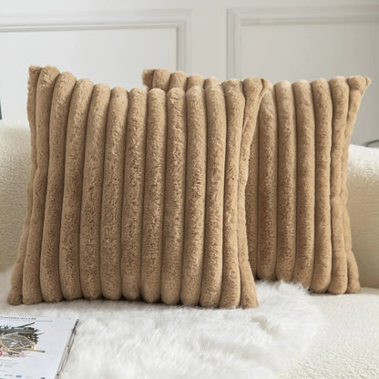 Camel Faux Fur Striped Pillow Covers Set 26x26"