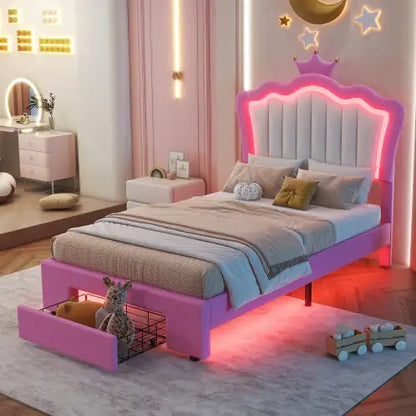 Pink Bed for Girls Bedroom with LED Headboard - Twin Bed Frame