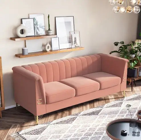 Pink Velvet Upholstered Sofa with Golden Legs