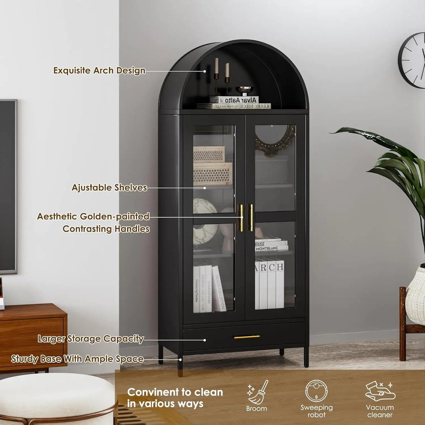 73” Tall Arched Display Cabinet, Modern Glass Door Bookcase