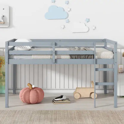 Rubber Wood Twin Loft Bed with Ladder, Grey Kids Platform Bed