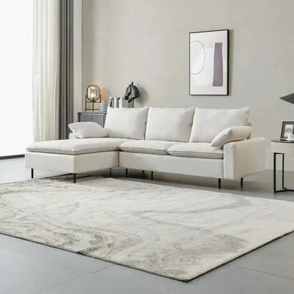 L-Shaped Sectional Sofa with Right Chaise, Linen Modern White Sofa