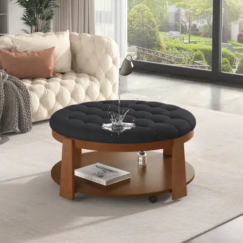 2 Tier Round Ottoman Coffee Table, Large Tufted Upholstered Table